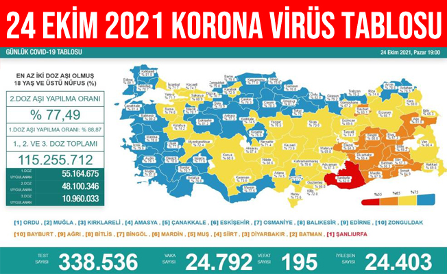 24 Ekim 2021 Türkiye Korona Virüs Tablosu
