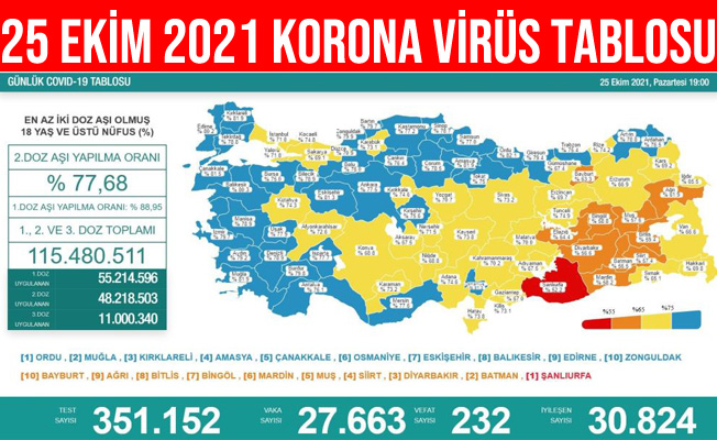 25 Ekim 2021 Türkiye Korona Virüs Tablosu