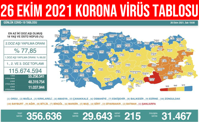 26 Ekim 2021 Türkiye Korona Virüs Tablosu