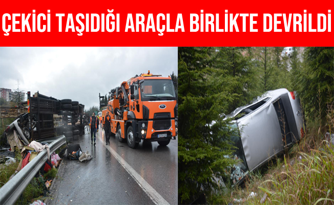 TEM Otoyolu'ndaki Kazada Çekici ve Taşıdığı Araç Devrildi