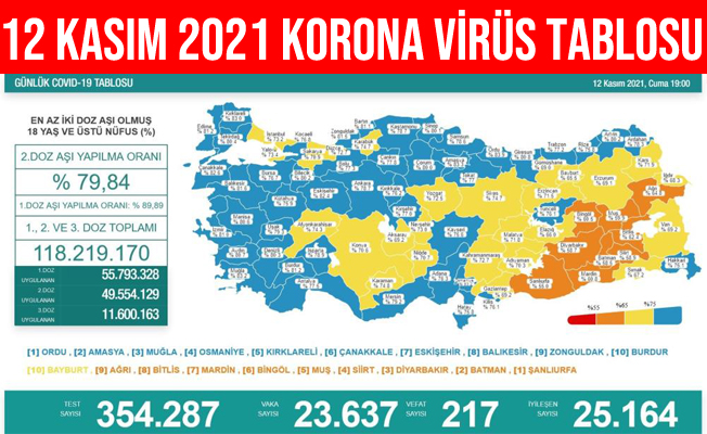 12 Kasım 2021 Türkiye Korona Virüs Tablosu