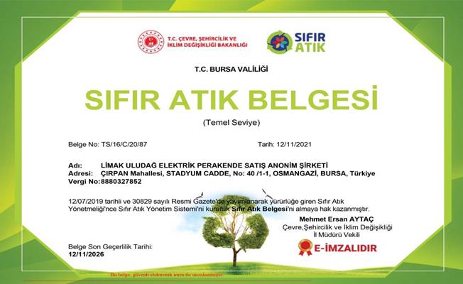 Limak Enerji Uludağ Elektrik, ‘Sıfır Atık Belgesi’ almaya hak kazandı