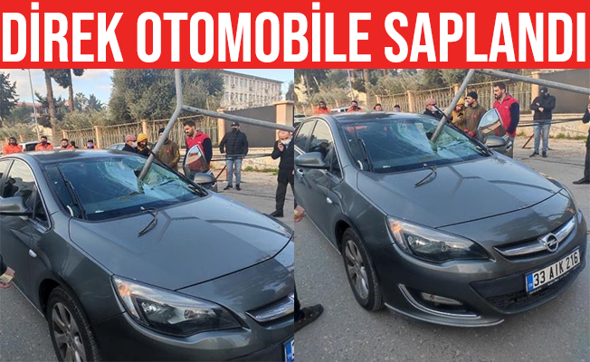 Devrilen direk otomobilin ön camına saplandı