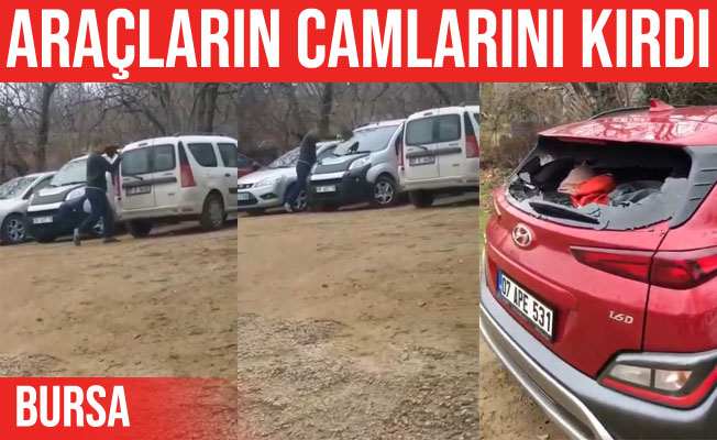 Elindeki kürek ile otoparktaki araçların camını kırdı