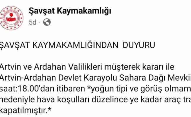 Artvin-Ardahan karayolu Sahara Geçidi yoğun tipi nedeniyle araç trafiğine kapatıldı