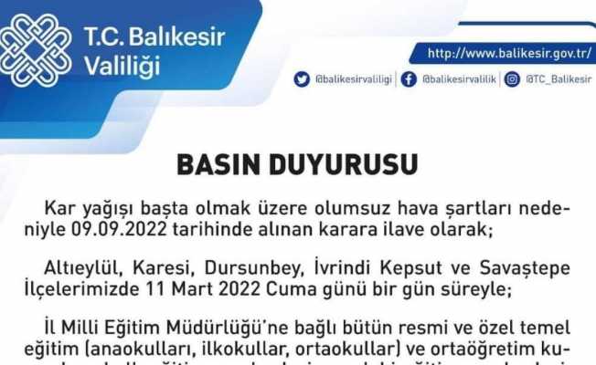 Balıkesir’de 6 ilçeye daha kar tatili