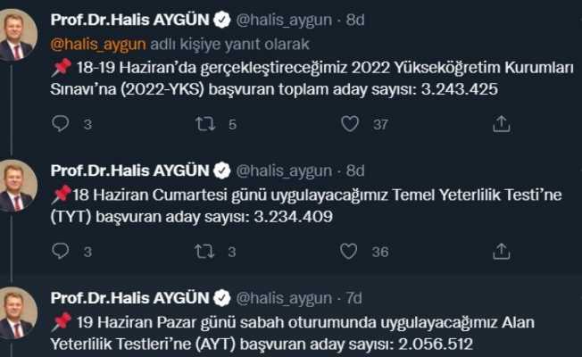 ÖSYM Başkanı Aygün: "2022 YKS’ye başvuran toplam aday sayısı 3 milyon 243 bin 425"