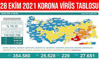 28 Ekim 2021 Türkiye Korona Virüs Tablosu